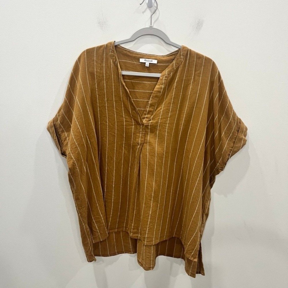 Madewell Lakeline Popover Shirt XL Antique Gold Striped Cotton Short Sleeve EUC
